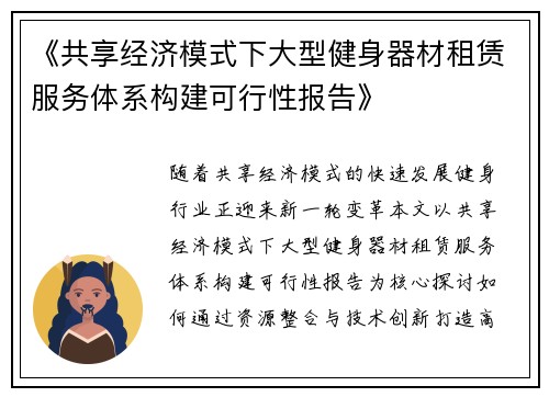《共享经济模式下大型健身器材租赁服务体系构建可行性报告》